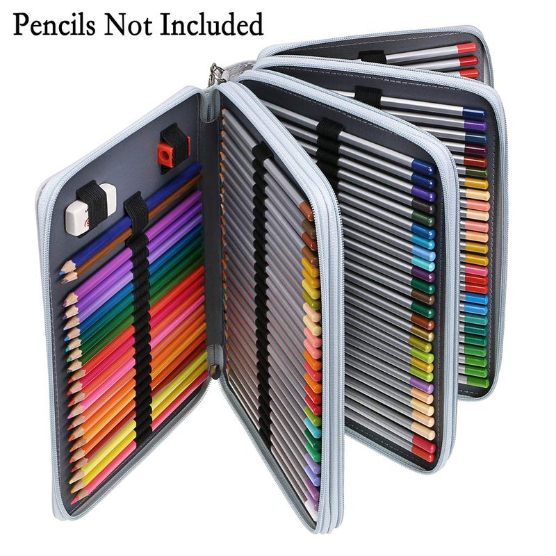 BTSKY 200 Slots Colored Pencil Organizer - Deluxe PU Leather Pencil Case Holder With Removal Handle Strap Pencil Box Large for Colored Pencils Watercolor Pencils Grey - Image 4